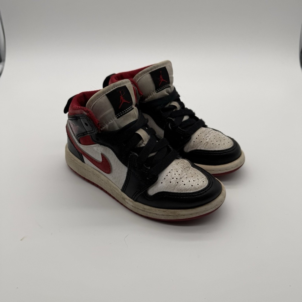 Nike Air Jordan 1 Mid Shoes Youth Size 11C Black White Red Basketball 640734-122